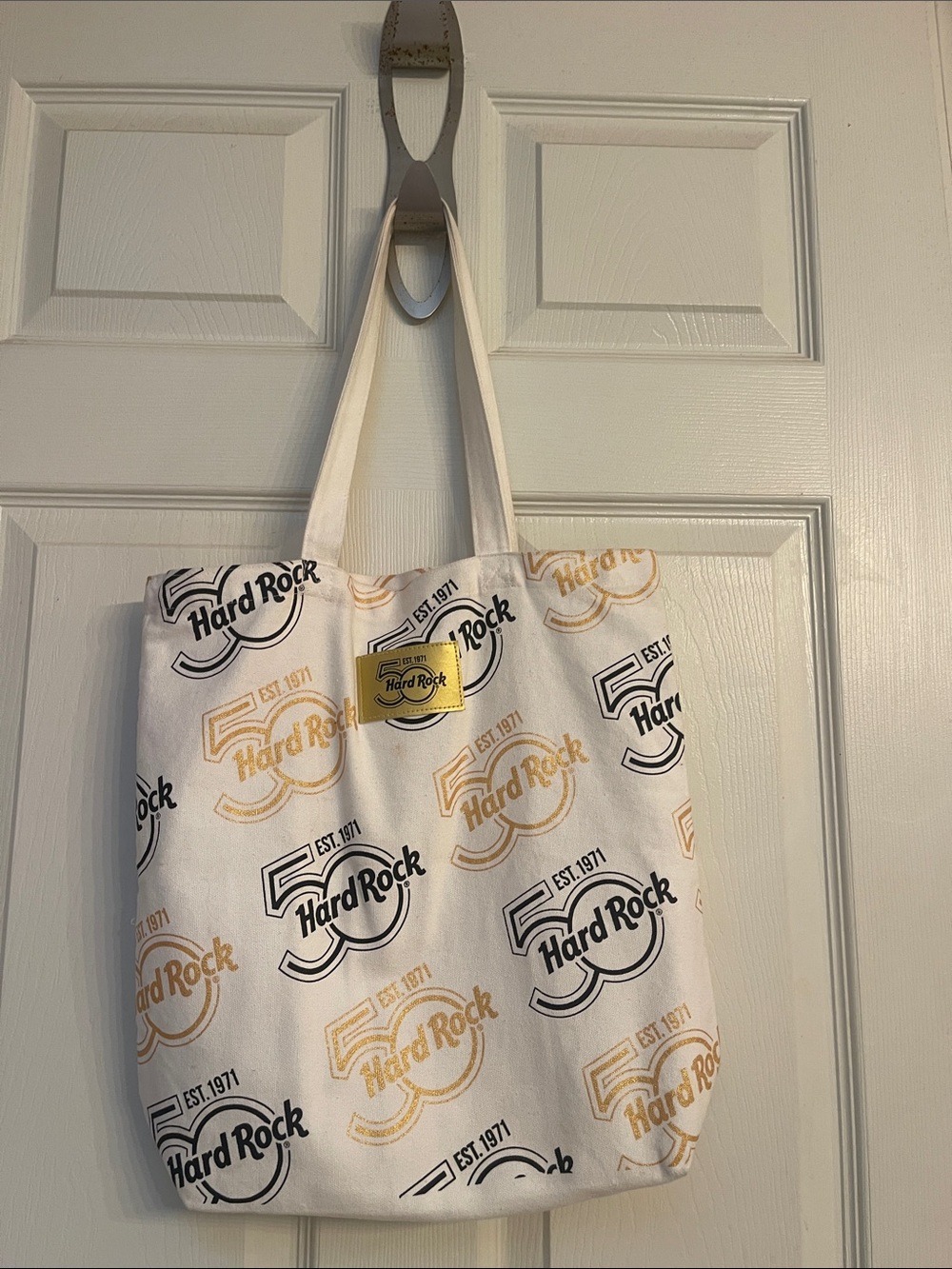 Hard Rock White Tote with Black and Gold 50th Logos